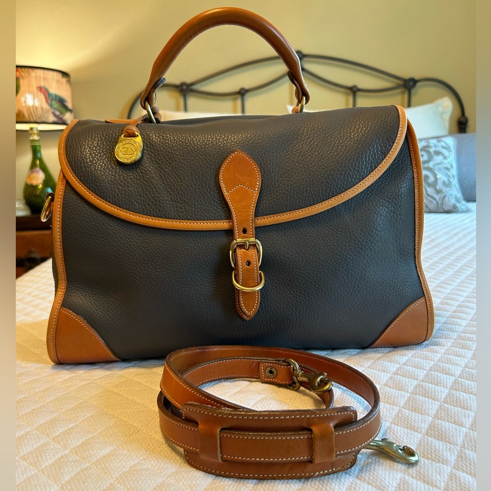 Vintage Dooney & Bourke Large Carpet Bag in Smoke Grey with British Tan trim